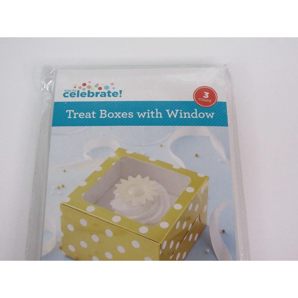 Celebrate Treat Boxes with Window & Cupcake Insert Gold White Polka Dots 3ct ea